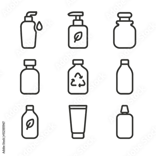 Eco-Friendly Bottles Icons. Outline icon set of eco-friendly bottle collection: refillable shampoo bottle, biodegradable pump,