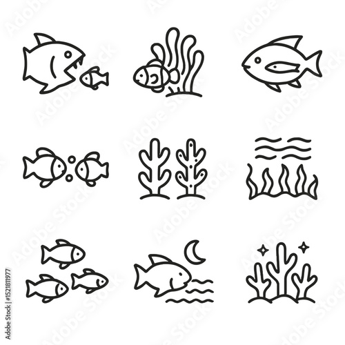 Ecosystem Interaction Icons. Outline icon set of ecosystem interactions: predator-prey, symbiosis, cleaning station, spawning