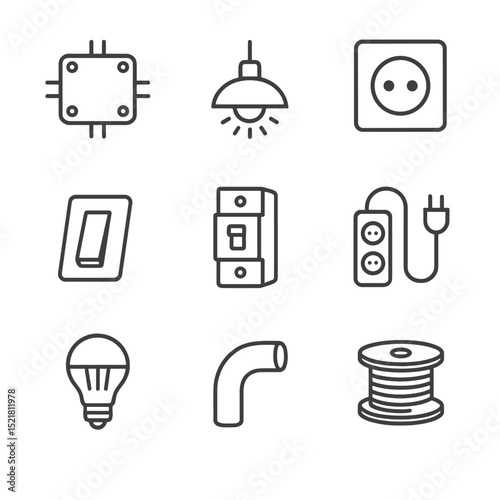 Electrical Icons Grid. Outline icon set of electrical setup elements: junction box, light fixture, power outlet, switch, circuit