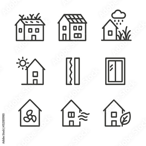 Eco-Friendly Building Icons. Outline icon set of eco-friendly buildings: green roof, solar shingles, rain garden, passive house,
