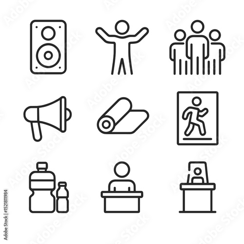 Group Fitness Icons. Outline icon set of group fitness classes: speaker tower, fitness instructor, group formation marker,