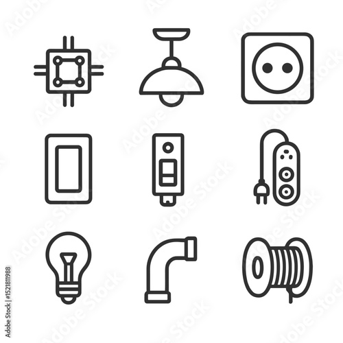 Electrical Icons Grid. Outline icon set of electrical setup elements: junction box, light fixture, power outlet, switch, circuit
