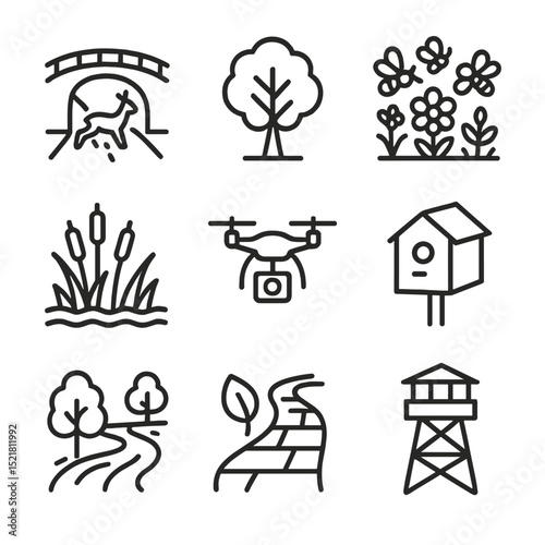 Eco-Utopian Icon Set. Outline icon set of eco-utopian wildlife preserve: animal corridor, native tree, pollinator garden, wetland