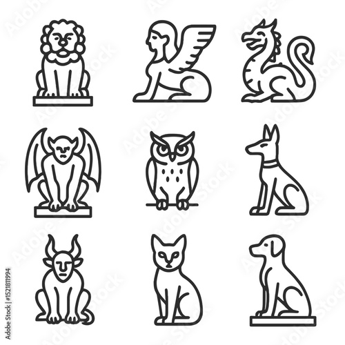 Guardian Creatures Icons. Outline icon set of guardian creatures: stone lion, winged sphinx, serpentine dragon, gargoyle, owl