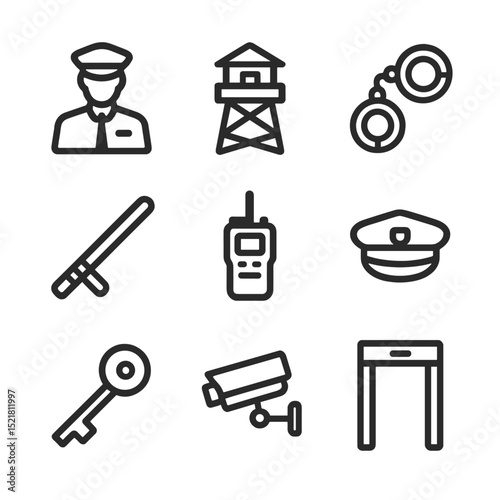 Guard Equipment Icons. Outline icon set of guard interactions: guard silhouette, watchtower, handcuffs, baton, radio, uniform cap,