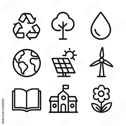 Environmental Icon Set. Outline icon set of environmental education: recycling, tree, water, globe, solar energy, wind, book,