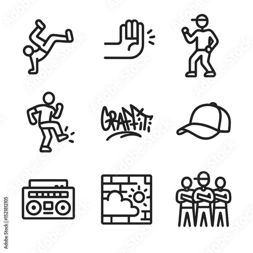 Hip-Hop Icon Set. Outline icon set of hip-hop techniques: breakdance freeze, popping arm, locking hit, krump stomp, graffiti tag,