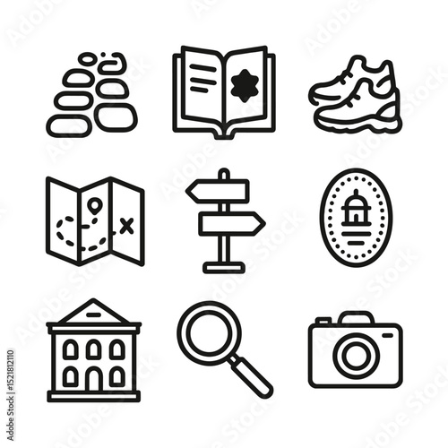 Historic Tour Icons. Outline icon set of historic walking tour: cobblestone path, guide book, walking shoes, map, signpost,