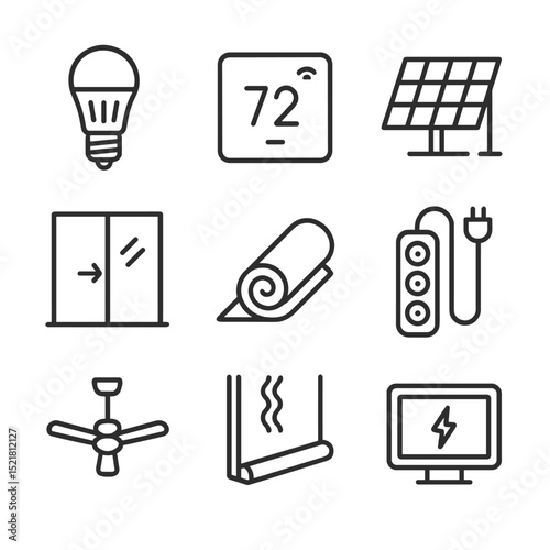 Home Energy Icons. Outline icon set of home energy efficiency: LED bulb, smart thermostat, solar panel, energy-efficient window,