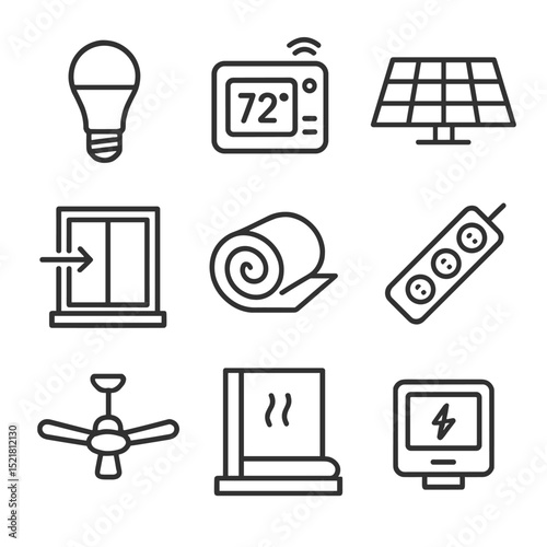 Home Energy Icons. Outline icon set of home energy efficiency: LED bulb, smart thermostat, solar panel, energy-efficient window,