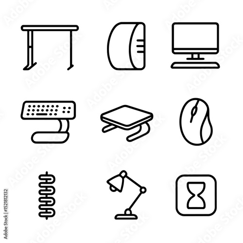 Ergonomic Workstation Icons. Outline icon set of ergonomic workstation setup: adjustable desk, lumbar support cushion, monitor