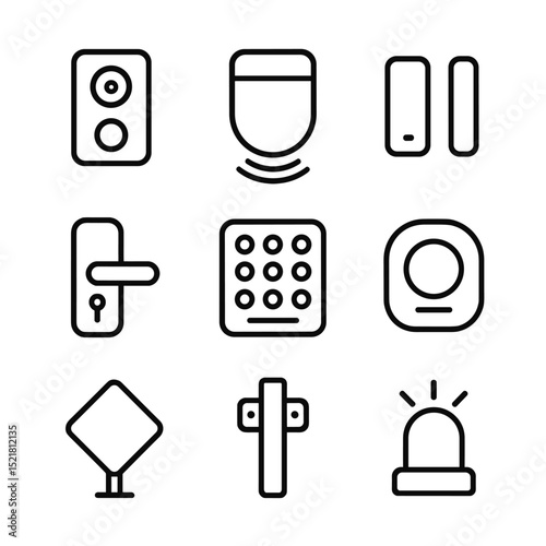 Home Security Icons. Outline icon set of general home security devices: doorbell camera, motion sensor, window alarm, smart lock,