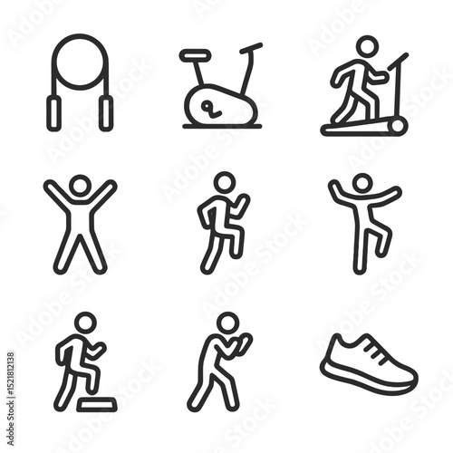 Home Cardio Icon Set. Outline icon set of home cardio workouts: jump rope, stationary bike, treadmill, jumping jack, high knees,