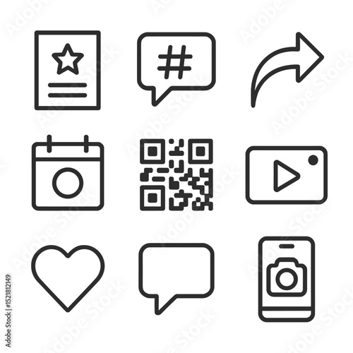Social Media Icon Set. Outline icon set of promotional and social media: poster flyer, hashtag bubble, camera phone, share arrow,