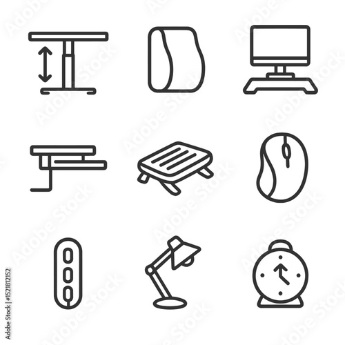 Ergonomic Workstation Icons. Outline icon set of ergonomic workstation setup: adjustable desk, lumbar support cushion, monitor