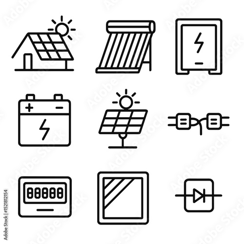 Solar Energy Icons. Outline icon set of solar energy integration: rooftop PV panel, solar thermal collector, inverter cabinet,