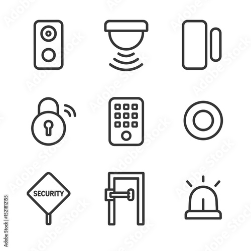 Home Security Icons. Outline icon set of general home security devices: doorbell camera, motion sensor, window alarm, smart lock,