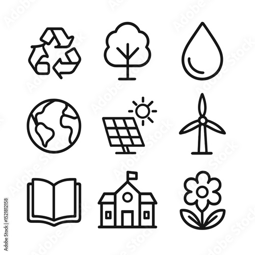 Environmental Icon Set. Outline icon set of environmental education: recycling, tree, water, globe, solar energy, wind, book,