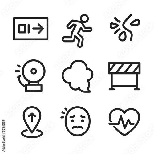 Evacuation Icons Set. Outline icon set of emergency evacuation stress: exit sign, running figure, sweat spray, alarm bell, smoke