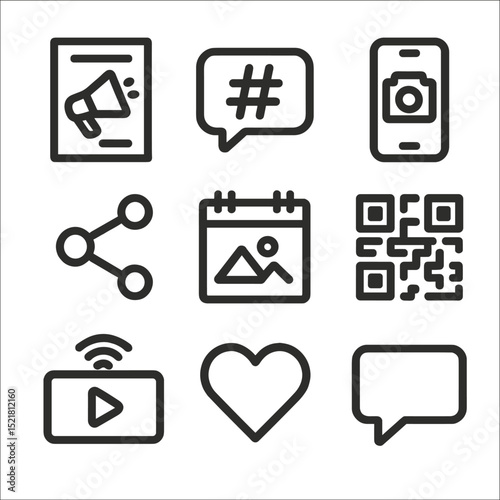 Social Media Icon Set. Outline icon set of promotional and social media: poster flyer, hashtag bubble, camera phone, share arrow,