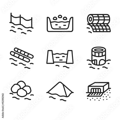 Erosion Control Icon Set. Outline icon set of erosion and sediment control: silt fence, sediment basin, erosion control blanket,