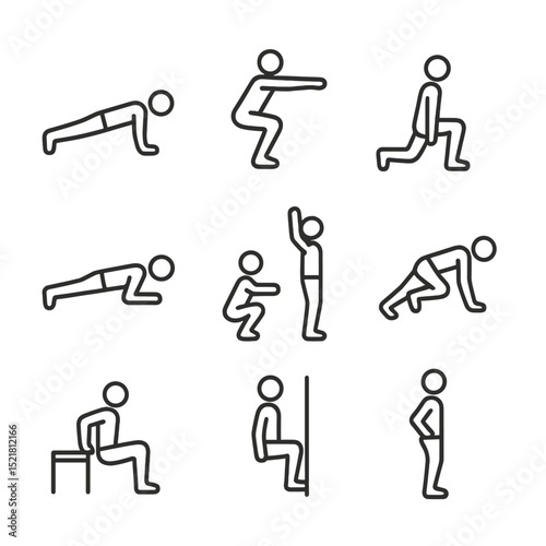 Home Workout Icons. Outline icon set of bodyweight exercises at home: push-up, squat, lunge, plank, burpee, mountain climber,