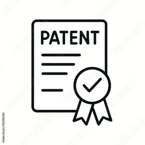 Minimal line art icon of patent certificate with ribbon and checkmark symbolizing intellectual property and innovation protection