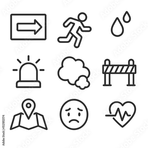 Evacuation Icons Set. Outline icon set of emergency evacuation stress: exit sign, running figure, sweat spray, alarm bell, smoke