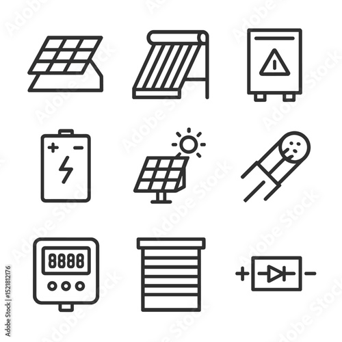 Solar Energy Icons. Outline icon set of solar energy integration: rooftop PV panel, solar thermal collector, inverter cabinet,