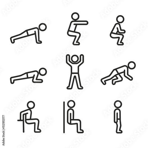 Home Workout Icons. Outline icon set of bodyweight exercises at home: push-up, squat, lunge, plank, burpee, mountain climber,