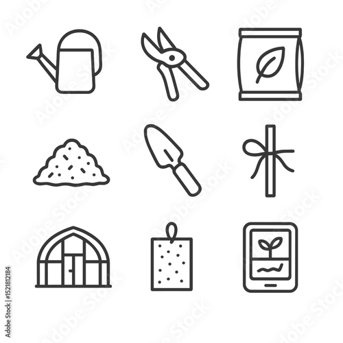 Horticultural Icon Set. Outline icon set of horticultural care practices: watering can, pruning shears, fertilizer bag, mulch pile