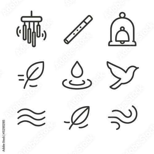 Sound Icon Set. Outline icon set of sound and ambiance features: wind chime, bamboo flute, meditation bell, soft gong, rustling