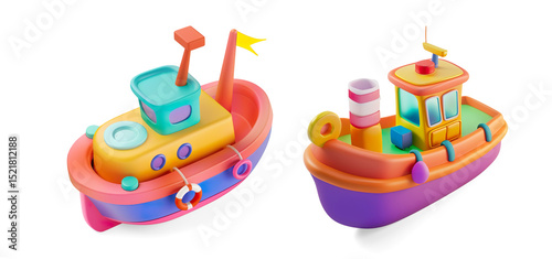 Colorful Cartoon Tugboat Illustration on a Transparent Background
