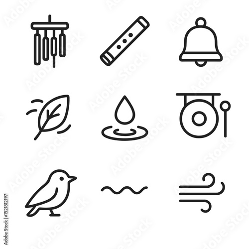 Sound Icon Set. Outline icon set of sound and ambiance features: wind chime, bamboo flute, meditation bell, soft gong, rustling