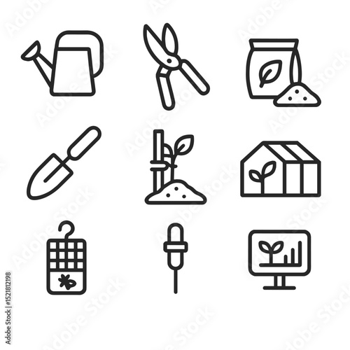Horticultural Icon Set. Outline icon set of horticultural care practices: watering can, pruning shears, fertilizer bag, mulch pile