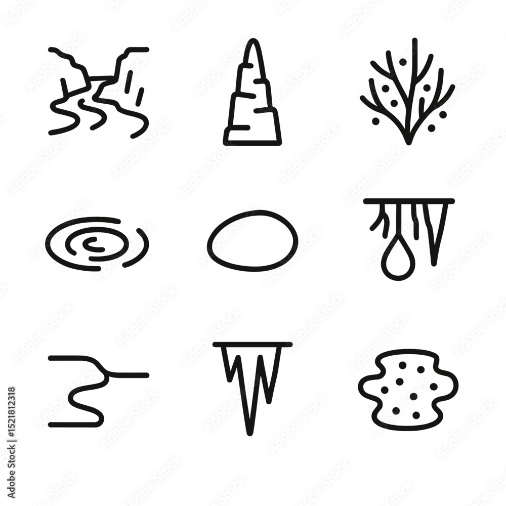 Fototapeta premium Subterranean River Icons. Outline icon set of subterranean river luminescence: subterranean river, cave pillar, glow algae, water