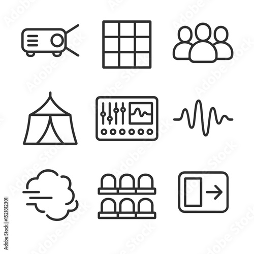 Immersive Projection Icons. Outline icon set of immersive color projection show: projector beam, color grid, audience silhouette,