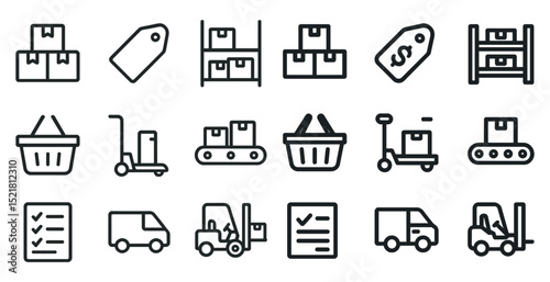 Warehouse and logistics icons for inventory management and shipping design