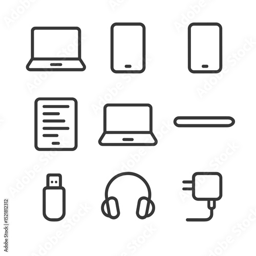 Student Device Icons. Outline icon set of student devices: laptop, tablet, smartphone, e-reader, Chromebook, stylus, USB drive,