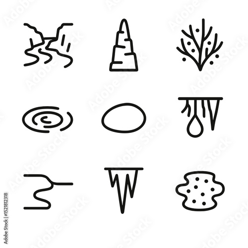 Subterranean River Icons. Outline icon set of subterranean river luminescence: subterranean river, cave pillar, glow algae, water