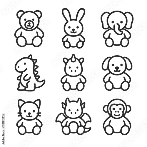 Stuffed Animal Icons. Outline icon set of favorite stuffed animals: teddy bear, bunny plush, elephant toy, dinosaur softie,