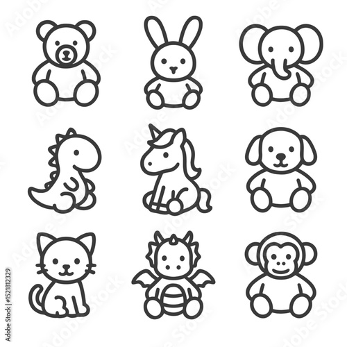 Stuffed Animal Icons. Outline icon set of favorite stuffed animals: teddy bear, bunny plush, elephant toy, dinosaur softie,