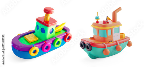 Colorful Cartoon Tugboat Illustration on a Transparent Background