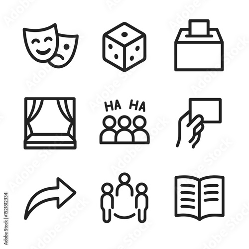 Improv Theater Icons. Outline icon set of improvisational theater: mask duo, improv dice, suggestion box, empty stage, audience
