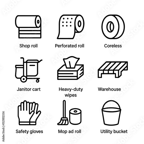 Industrial Icon Set. Outline icon set of industrial use: shop roll, perforated industrial roll, coreless jumbo, janitor cart,