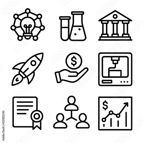Innovation Icons Grid. Outline icon set of innovation cluster development: lightbulb network, research lab, university building,