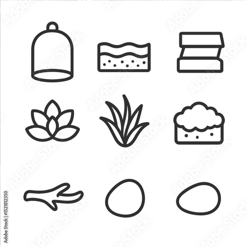 Succulent Terrarium Icons. Outline icon set of succulent terrarium dividers: glass dome, sand layer, charcoal layer, pebble base,