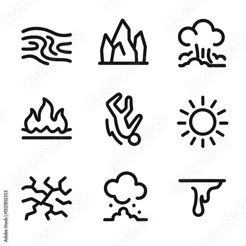 Infernal Landscape Icons. Outline icon set of infernal landscapes: lava river, jagged rocks, sulphur cloud, burning horizon,