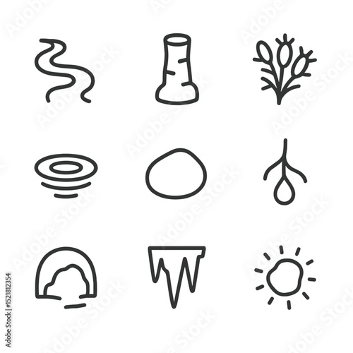 Subterranean River Icons. Outline icon set of subterranean river luminescence: subterranean river, cave pillar, glow algae, water