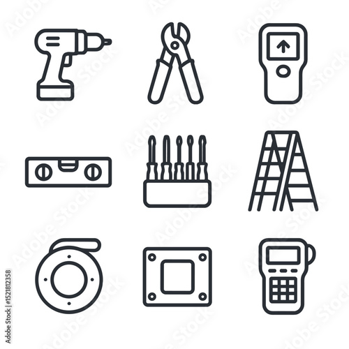 Installation Tools Icons. Outline icon set of professional installation tools: drill, cable stripper, stud finder, level,